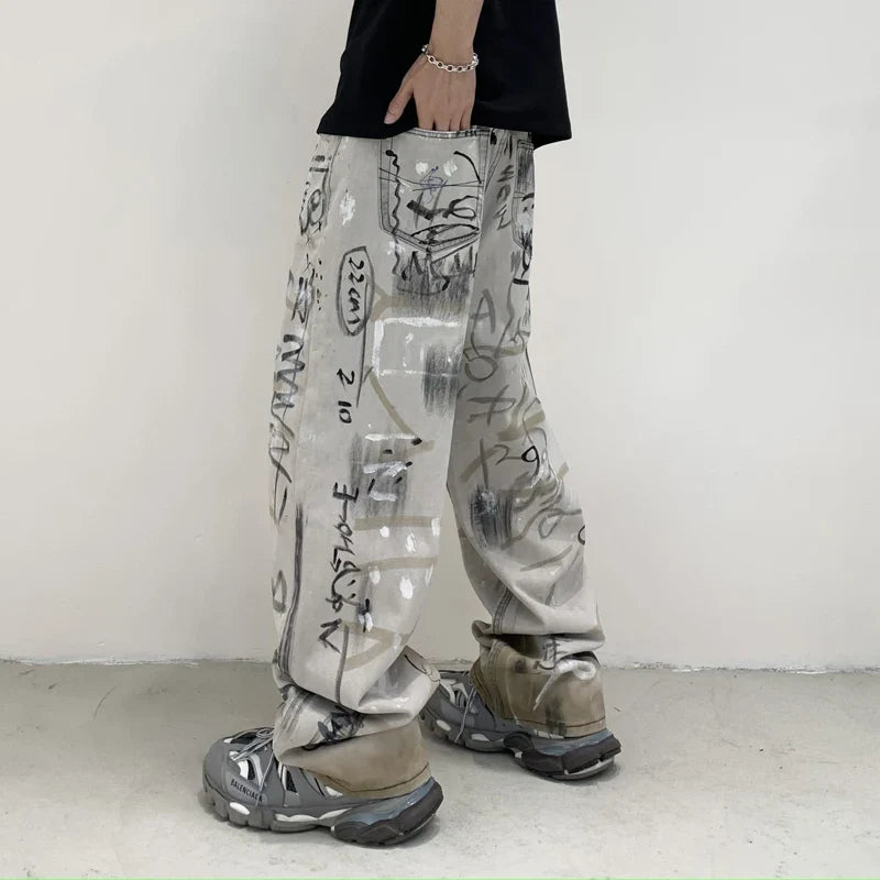 Graffiti Print Loose Fit Wide Jeans