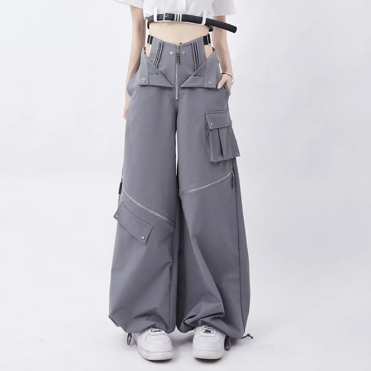 Black Cargo Zipper Design High Pants
