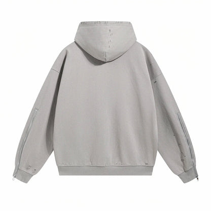 Frayed Woolen Zip-Up Hoodie Sweatshirt