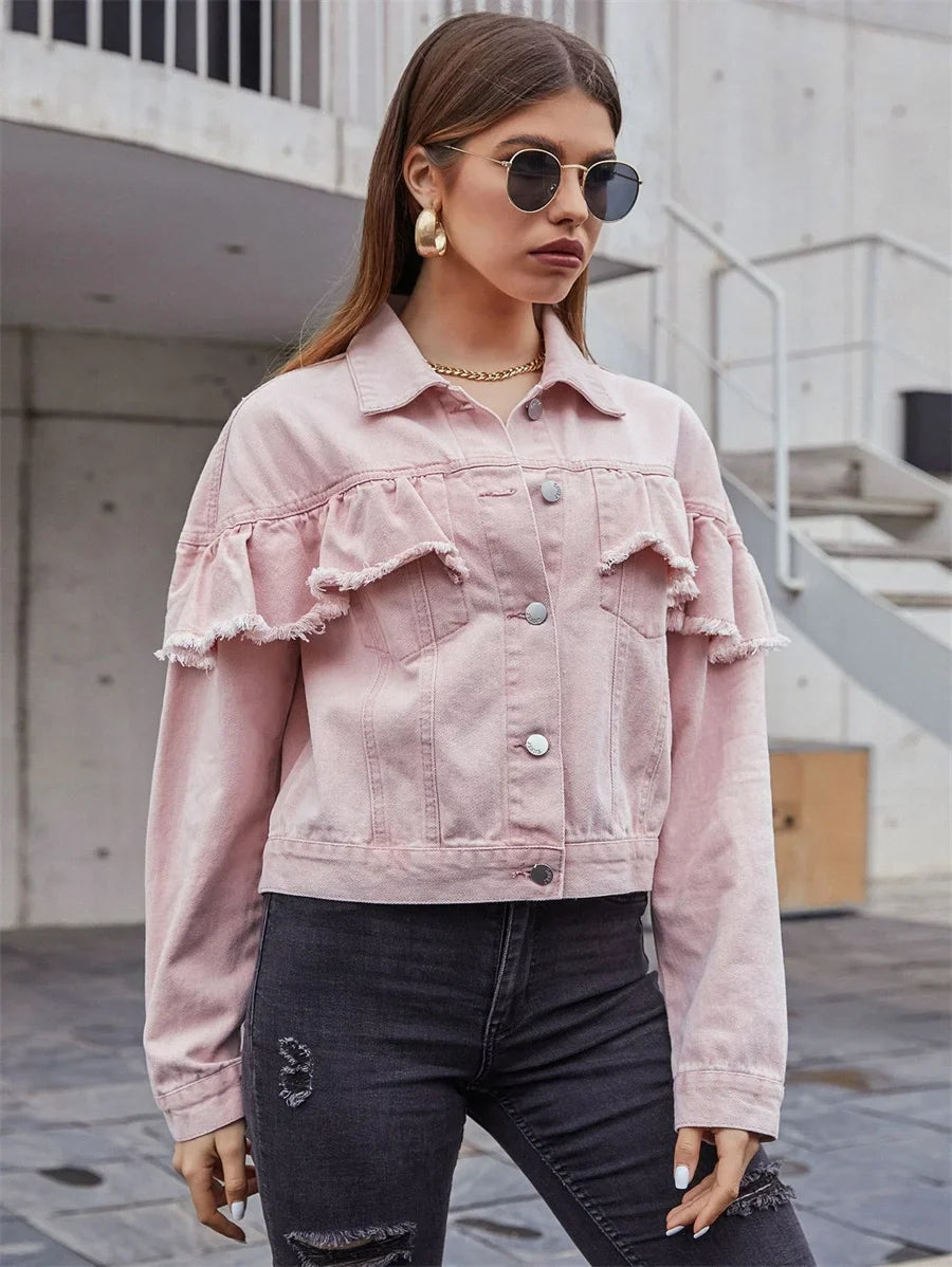 Vintage Raw Trim Ruffle Denim Jacket