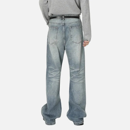 Blue Moustache Effect Washed Distressed Jeans