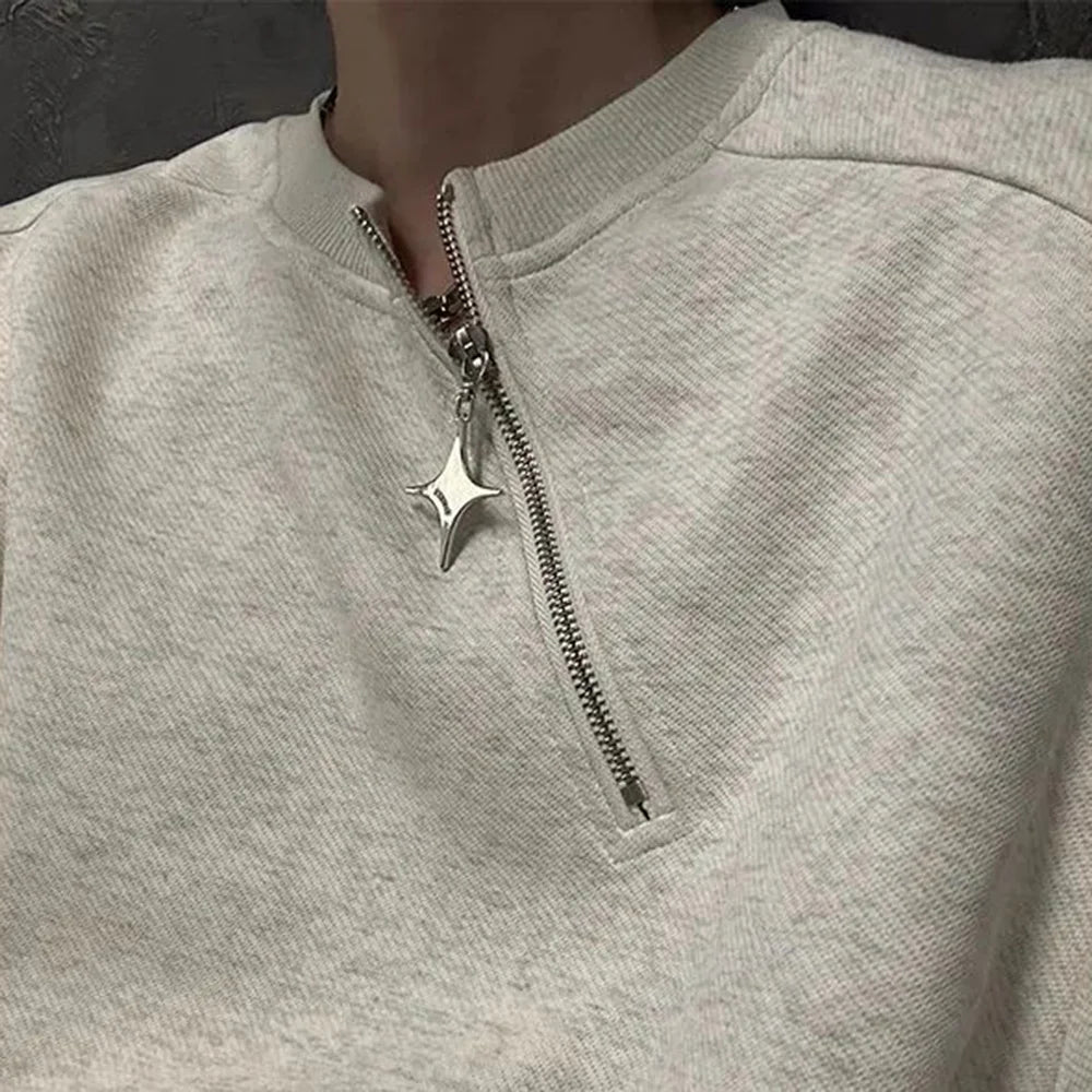 Retro Metal Half Zipper Splicing Sweatshirt
