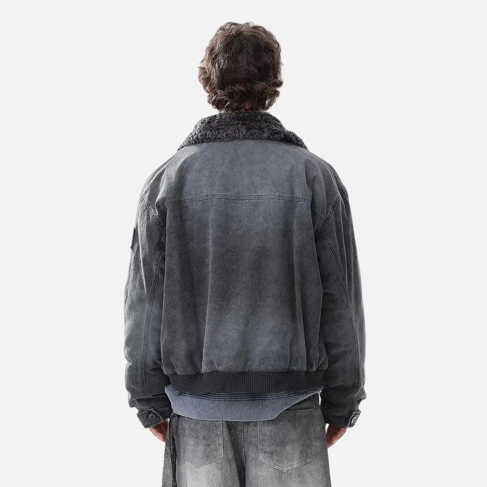 Vintage Distressed Denim Padded Fur Collar Jacket