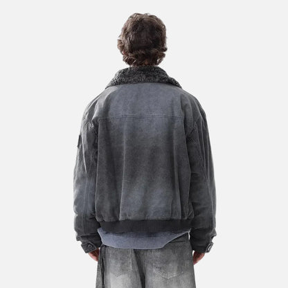 Vintage Distressed Denim Padded Fur Collar Jacket