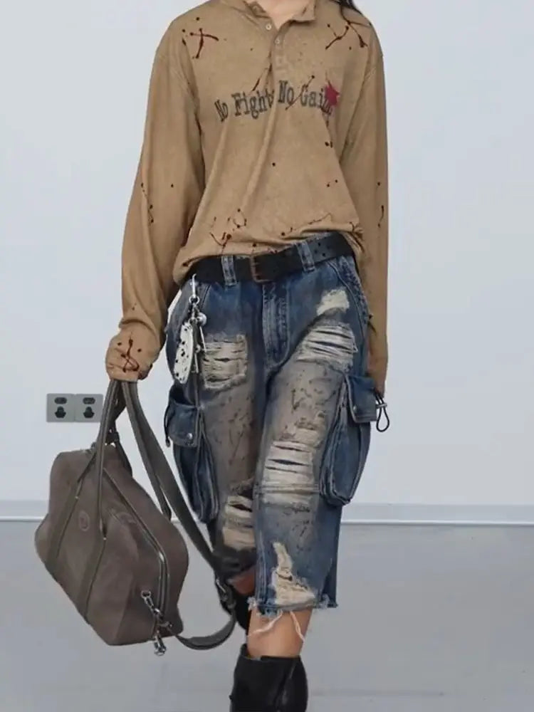 Retro Casual Emo Denim Cargo Jorts