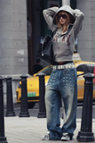 Vintage Washed Rivet Design Wide Leg Jeans