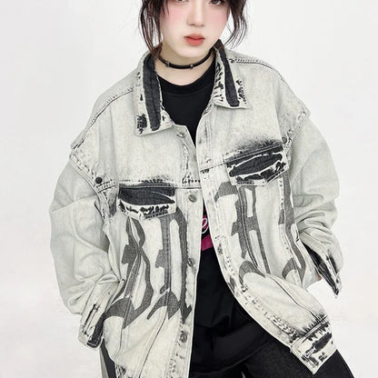 Washed Gray Oversize Letter Work Denim Jacket