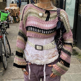 Y2K Hollow Striped Gothic Crop Sweater