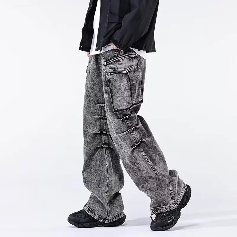 Minimal Look Gray Pleated Cargo Jeans