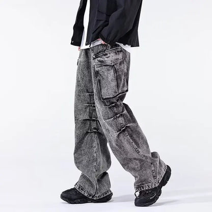Minimal Look Gray Pleated Cargo Jeans