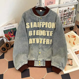 Vintage Distressed Denim Baseball Varsity Jacket