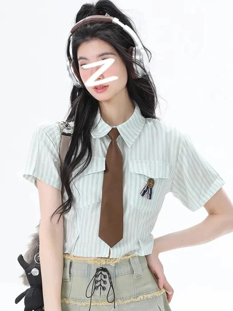 Y2K Women Streetwear Vintage Striped Tie Blouse Shirt