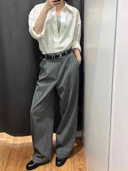 Elegant Gray Pleated Wide Leg Pants
