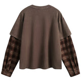Plaid Patchwork Fake Two-Piece Long Sleeve T-Shirt