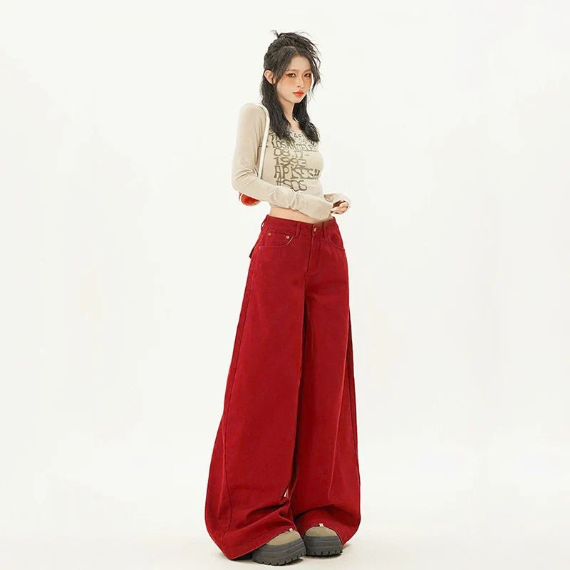 Trendy Cute Oversized Red Baggy Wide Leg Jeans