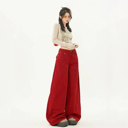 Trendy Cute Oversized Red Baggy Wide Leg Jeans