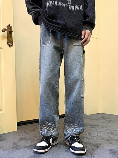 Flame Printed Baggy Wide Leg Jeans
