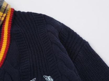 Oversized Varsity Patchwork Double Layers Knit Sweater