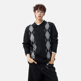 Y2K Diamond Pattern Polo Neck Knitted Sweater