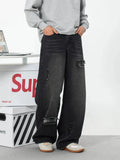 Vintage Flex Waist Patch Ripped Straight Leg Jeans