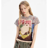 Women Retro Cat Print Short Sleeve T-Shirt