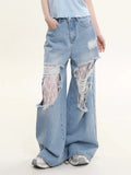 Women Vintage Lace Loose Fit Wide Jeans