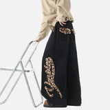 Streetwear Leopard Print Patchwork Wide Leg Jeans