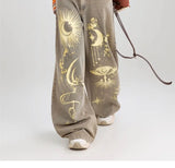 Effortless Graffiti Print Loose Vintage Wide Leg Jeans