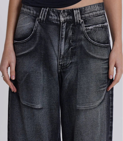 Vintage Wing Pattern Baggy Wide Leg Jeans