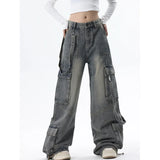 Women Gray High Waist Wide Leg Blue Baggy Jeans