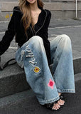 Vintage Pearl Embroidered Baggy Denim Jeans