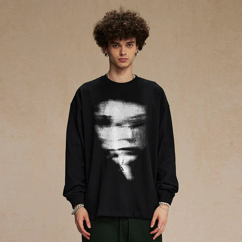 Blurry Face Graphic Long Sleeve Cotton T-Shirt