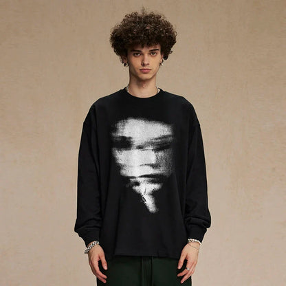 Blurry Face Graphic Long Sleeve Cotton T-Shirt