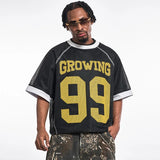 Y2K Patchwork Mesh O-Neck Collar Graphic Sport T-Shirt