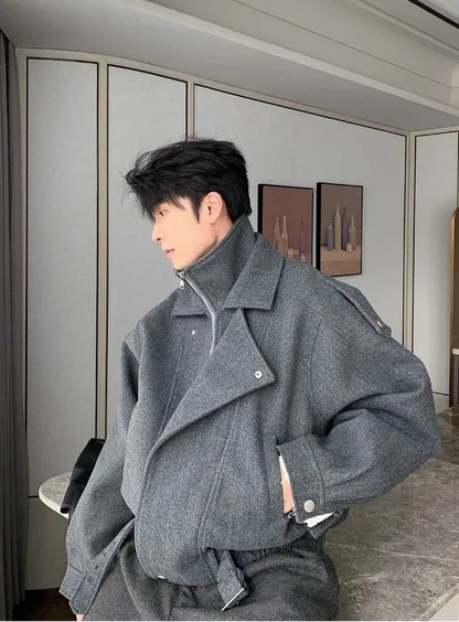 Classic Thick Woolen Stand Collar Parkas Irregular Jacket
