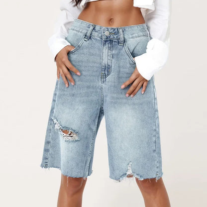 Women High Waist Raw Hem Denim Short