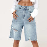Women High Waist Raw Hem Denim Short