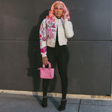Graphic Print Crop Varsity Jacket