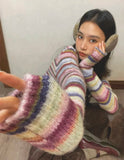 Y2K Women Rainbow Striped Turtleneck Sweater