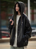 Chic Black PU Leather Hooded Zipper Jacket