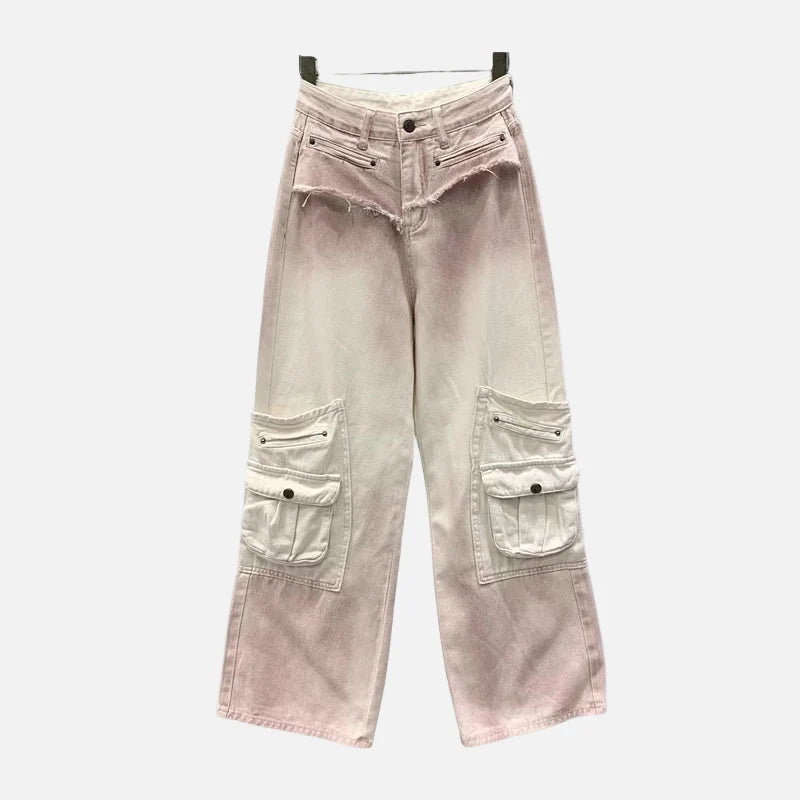 Durable High Waist Raw Edge Wide Leg Cargo Jeans