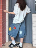 Blue Sheath Flower High Waist Denim Short