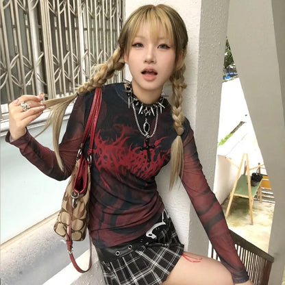 Grunge Aesthetic Tattoo Print Sheer T-Shirt