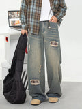 Vintage Flex Waist Patch Ripped Straight Leg Jeans