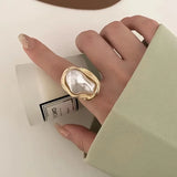 Geometric Imitation Pearl Gold Plated Ring