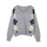 Women Vintage Argyle Gray Oversized Sweater