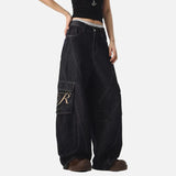 Streetwear Dark Blue Y2K Wash Wide Leg Cargo Jeans