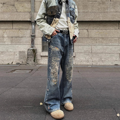 Vintage Digital Printed Distressed Jeans