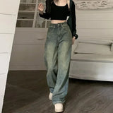 Model wearing the blue Vintage High-Waisted Wide-Leg Jeans