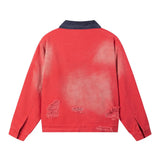 Retro Loose Color Block Cargo Ripped Denim Jacket